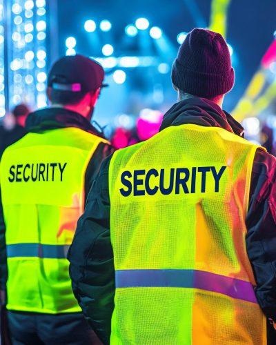 Nighttime event security personnel ensuring the safety and order of attendees through vigilant monitoring